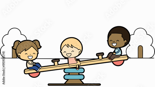 Diverse children playing on a colorful seesaw outdoors in a park with clouds
