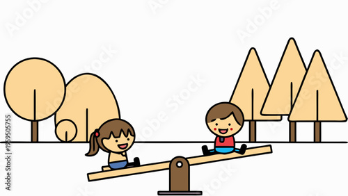 Children playing on a seesaw in a playground with trees