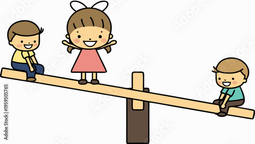 Three happy children playing on a seesaw outdoors smiling and having fun together in a playful balance