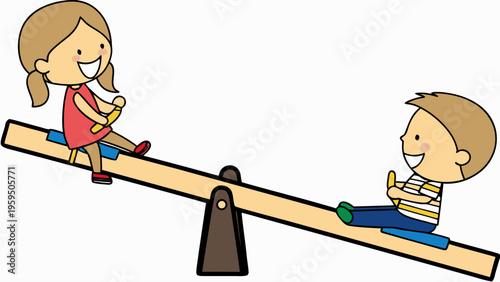 Two happy kids playing on a seesaw outdoors in a fun recreational setting with a beautiful sunny day