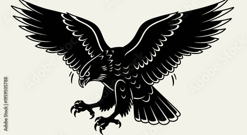 Black eagle in flight descending sharply.