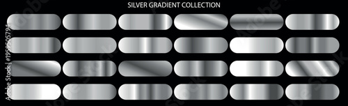 Silver gradient collection with 24 metallic swatches, polished chrome and steel texture set, luxury platinum color palettes for graphic design
