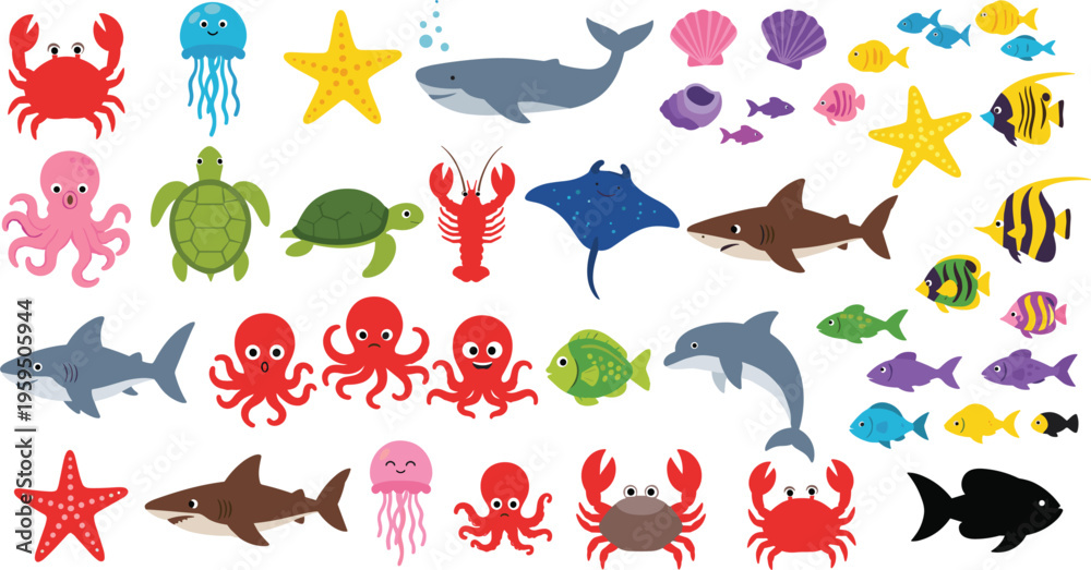 Obraz premium Cute Underwater Animal Set with Colorful Sea Creatures, Marine Life Icons, Fish, Crabs, Sharks, Turtles, and Jellyfish for Kids