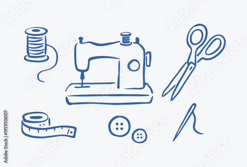 Blue hand drawn vector illustration set of sewing icons featuring a sewing machine scissors measuring tape spool thread and buttons.