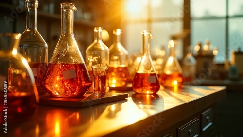 Multiple sets of flasks densely arranged in the laboratory