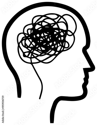 Minimalist line art of a human head silhouette with a tangled scribbled brain symbolizing confusion or mental chaos on a white background