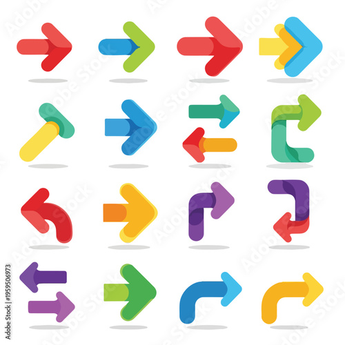 Collection of stylized arrows in various colors and directions on white background