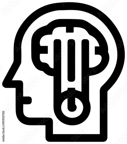 Overheated head icon with thermometer in brain symbolizing stress and mental heat