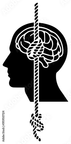 Silhouette of a human head with brain and tightrope walker balancing act