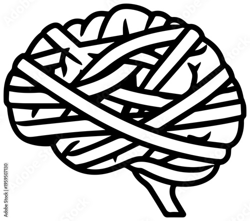 Tangled line art brain icon representing mental confusion stress and disorganized thoughts in a simple black and white style