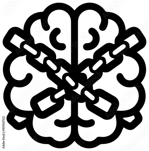 Line art icon of a brain with heavy chains wrapped around it symbolizing mental confinement and restriction