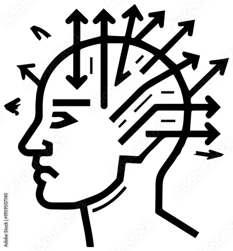 Vector icon of a stressed head profile with excessive arrows indicating mental chaos and confusion in a simple black and white style
