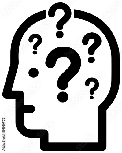 Confused head silhouette with question marks thinking face puzzled expression uncertainty concept problem solving brain teaser idea generation creative thinking doubt curiosity