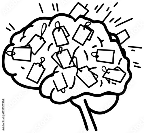 Overwhelmed brain with excessive tags and thoughts symbolizing mental clutter and information overload