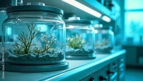 Moss specimens in laboratory glass jars