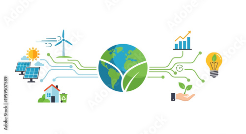 Eco friendly sustainable energy, green technology icons, environmental conservation, renewable power symbols