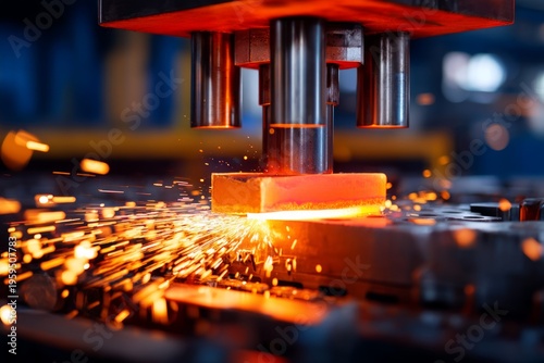 Heavy Duty Steel Forging Press Striking Incandescent Metal with Spark and Glow Effect