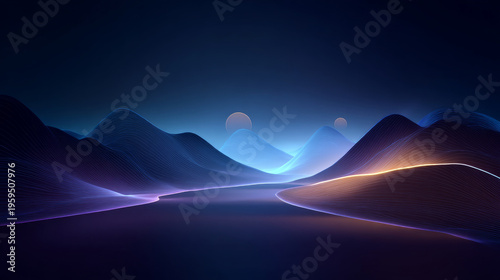 Dark, empty world Minimalistic virtual Futuristic reality with geometric shapes and floating structures, bright light source, floating, smooth gradient, Empty digital world with softly lit clean lines