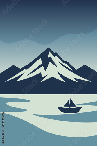 Logo agencia de viajes. Dibujo sencillo de un paisaje nocturno con las siluetas de un paisaje con una isla con una montaña nevada, olas y un barco de vela
