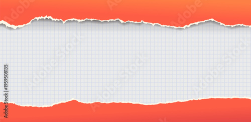 White school checkered paper between bright orange torn paper pieces. Vector background with ripped edges, copy space for text. Layered collage composition for design, notes, posters, creative layouts