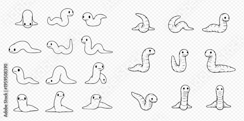 Set of cute cartoon worms in various poses, hand-drawn vector illustration on transparent background, perfect for children's books and educational materials.