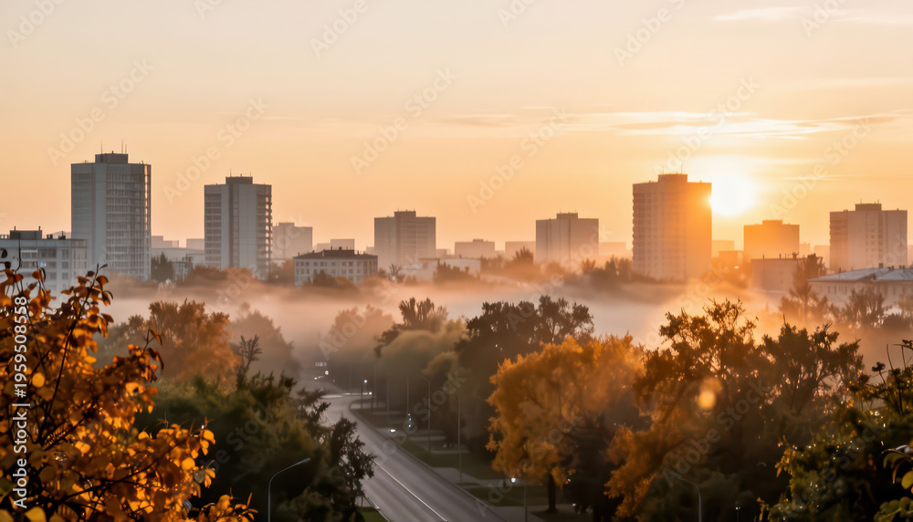 Naklejka premium The city skyline is visible at sunrise, with buildings and trees highlighting the scene. Fog blankets the area, adding a tranquil quality to the morning light.
