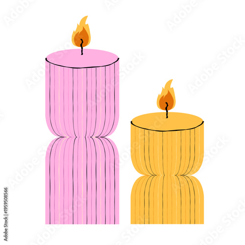 Pair of modern candles in different sizes. Clean composition for decor and branding.