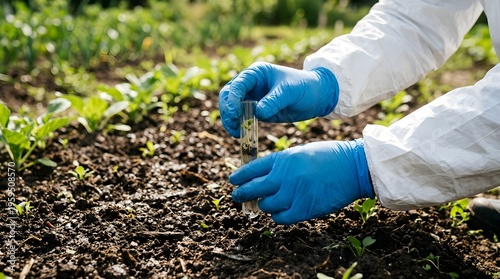 Environmental scientist in protective suit collecting soil sample for detailed analysis, investigating agricultural health, and monitoring potential contaminants