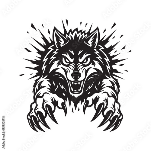 Obraz na plátně Fierce Wolf Lunging Forward with Sharp Claws Black and White Vector Mascot Logo