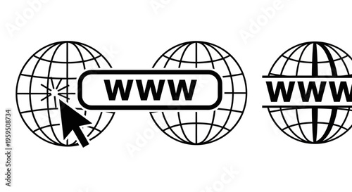 A computer mouse clicks on a globe icon with a world wide web address.