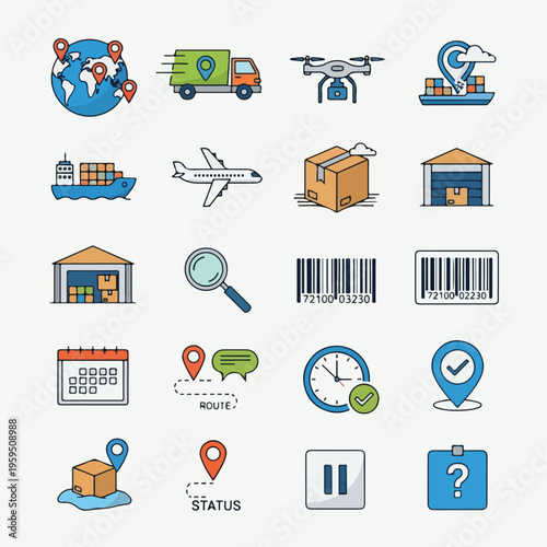 Collection of stylized icons about global logistics and shipping
