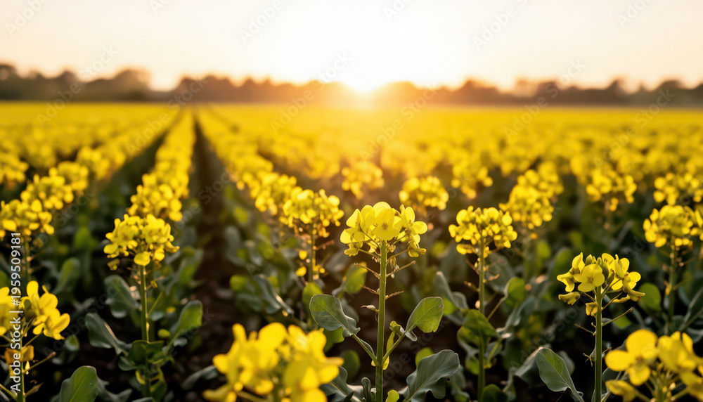 Obraz premium A field of bright yellow flowers stretches under the setting sun. The sun casts a warm light over the vibrant flowers, highlighting the beauty of nature.