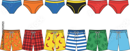 Collection of colorful swim briefs and patterned trunks in playful summer fashion vector illustration background