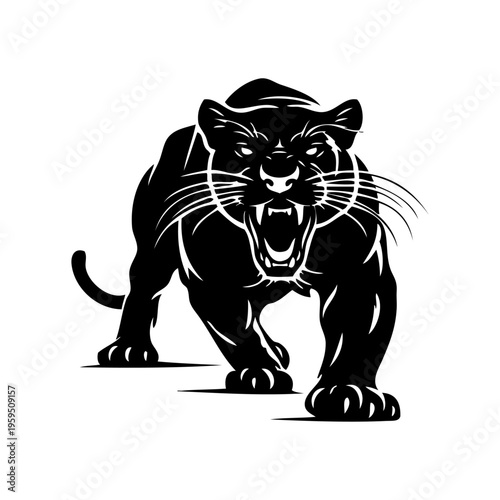 Logotipo con dibujo sencillo de una pantera enojada vista de frente, con la boca abierta enseñando los colmillos