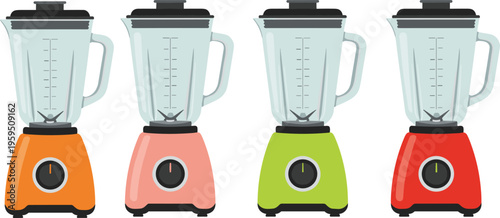 Colorful blenders with transparent glass containers and dials in modern kitchen appliance vector illustration background