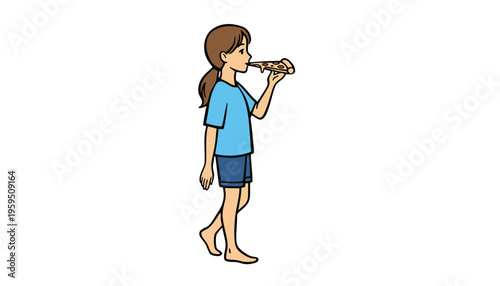 Girl eating pizza while walking in a cartoon illustration style