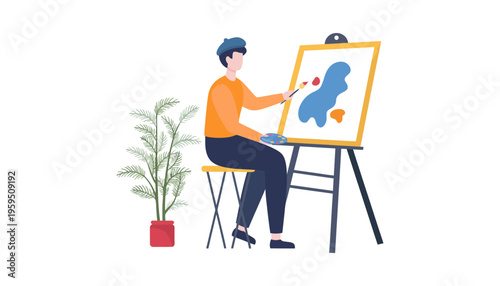 A man painting an abstract art on a canvas with a brush