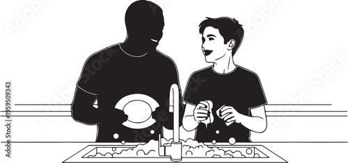 Minimalist one-line drawing of a man washing dishes