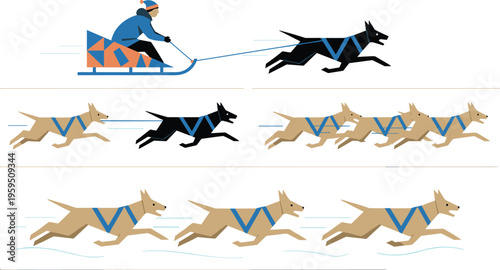 Dynamic dog sled team illustration with musher riding decorated sled, showcasing winter sport, teamwork, speed, and outdoor adventure concept