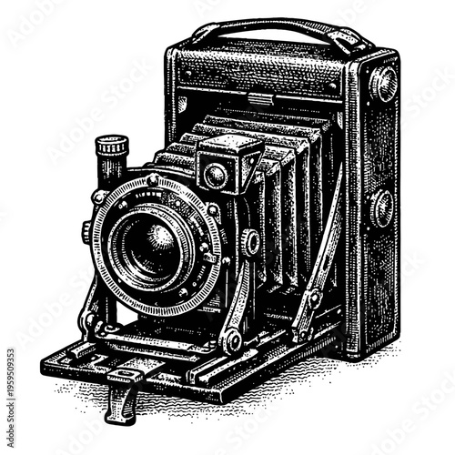 Captivating vintage antique folding bellows camera illustration, a timeless black and white etching showcasing classic early 20th-century photographic equipment, perfect for historical art enthusiasts