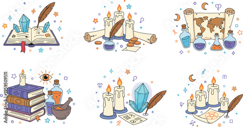 Mystical fantasy panels with candles, potions, scrolls, crystals, and astrological symbols in magical vector illustration