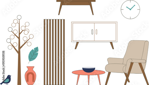 Modern home interior illustration with furniture, decor items, clock, vase, bird, and minimalistic arrangement for stylish living inspiration