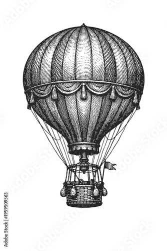 Vintage hot air balloon illustration, detailed antique engraving. Features classic striped envelope, ornate valance with tassels, intricate rigging, and sturdy wicker basket gondola. Evokes early flig