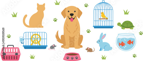 Playful collection of pets with dog, cat, rabbit, fish, bird, turtle, and accessories in colorful vector illustration
