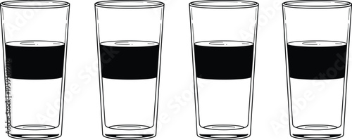 Transparent cylindrical glasses filled with equal liquid levels in horizontal row, illustrating volume measurement and visual symmetry concepts