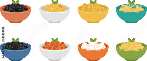 Variety of pasta bowls illustration with spaghetti, penne, rigatoni, ravioli, macaroni and colorful presentation for culinary design inspiration