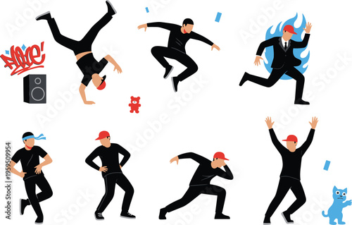 Vector illustration of hip hop street dancers in dynamic breakdance poses with graffiti text, speaker and cartoon elements