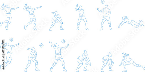 Vector illustration of twelve volleyball players in dynamic action poses including spiking, blocking, passing, setting and diving movements