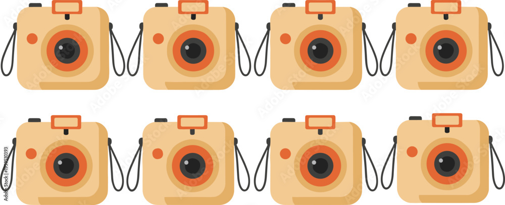 Fototapeta premium Cartoon cameras vector illustration with uniform beige design, red flash, lens details, and photography equipment pattern