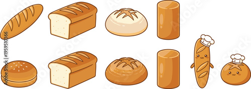 Assorted bread collection with baguette, loaf, rolls, round breads, and playful cartoon characters showcasing bakery variety and food design